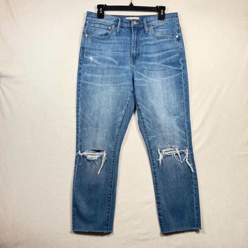 Madewell High Rise Slim Boyjean 28 Distressed Knee Raw Hem Cropped Jeans